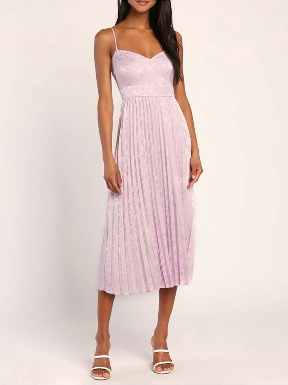 Regal Romance Lavender Floral Jacquard Pleated Satin Midi Dress